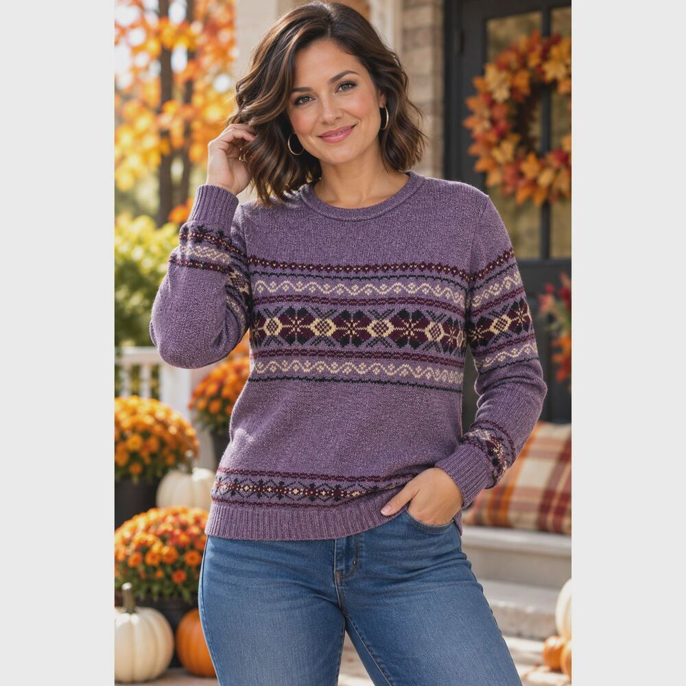 Carolyn Taylor Women's L Purple Fair Isle Crewneck Sweater Vintage #23